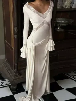 Party Dresses Off Shoulder Lace Trim Flare Sleeve Maxi Dress Deep V Bodycon Mermaid Gown