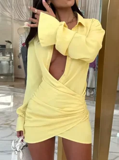 Party Dresses Surplice Wrap Shirt Mini Dress Long Sleeve Collar Ruched Slim Party Bodycon Dress