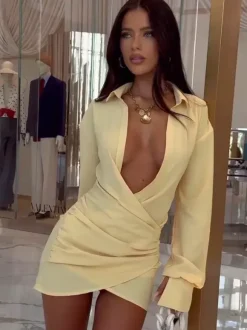 Party Dresses Surplice Wrap Shirt Mini Dress Long Sleeve Collar Ruched Slim Party Bodycon Dress