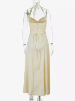 Party Dresses Yellow Satin Spaghetti Strap Maxi Dress Sweetheart Bust Lace Up Back Flowy Gown