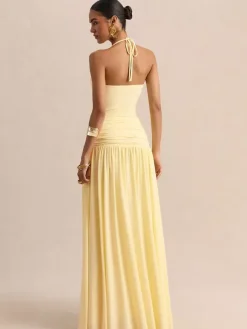 Party Dresses Yellow Straps Neck Short Sleeves Sexy Semi Formal Dress