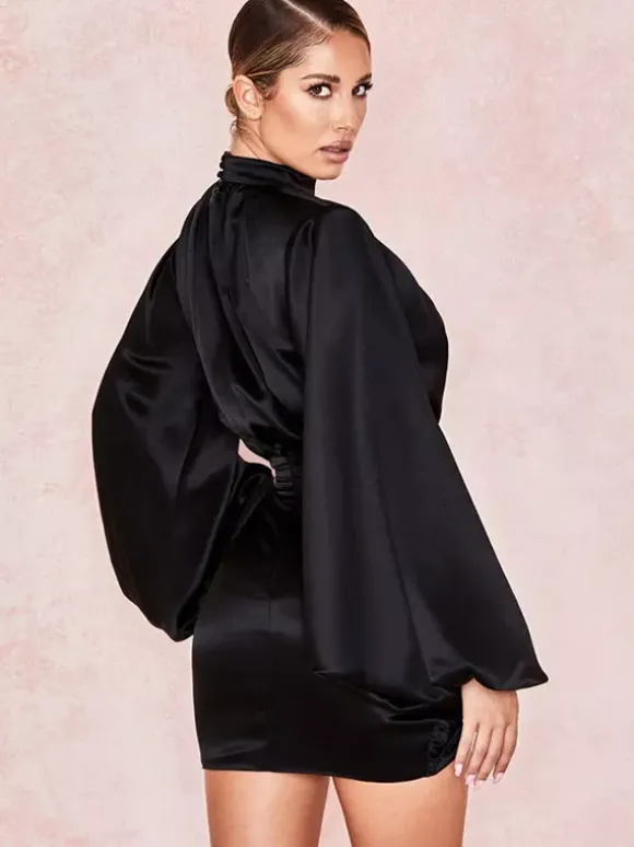 Party DressMini Black Stand Collar Long Sleeves Lantern Sleeve Elegant Semi Formal Dress