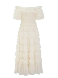 Party Maxi Dresses Embellished Collar Ruffles Polka Dot Sheer Semi Formal Dress