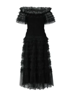 Party Maxi Dresses Embellished Collar Ruffles Polka Dot Sheer Semi Formal Dress