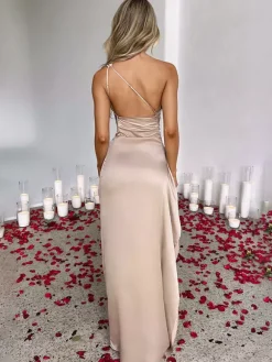 Party Dress Champagne One Shouder Pleated High Slit Sexy Prom Maxi Dresses