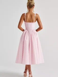 Party Dress Dresses Midi Pink Straps Neck Pleated Plaid Classic Semi Formal Summer Dress