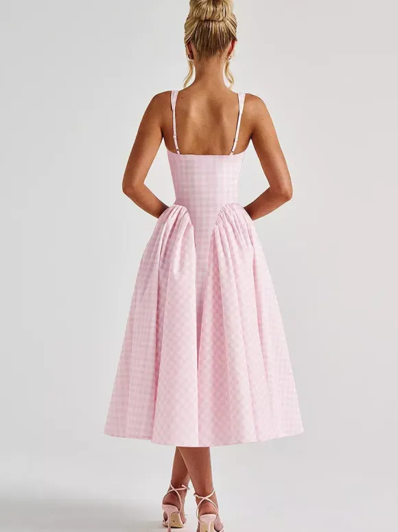 Party Dress Dresses Midi Pink Straps Neck Pleated Plaid Classic Semi Formal Summer Dress