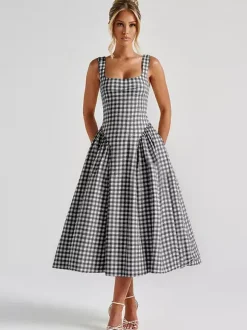 Party Dress Dresses Midi Pink Straps Neck Pleated Plaid Classic Semi Formal Summer Dress