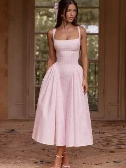 Party Dress Dresses Midi Pink Straps Neck Pleated Plaid Classic Semi Formal Summer Dress