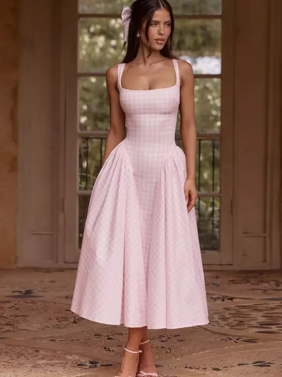 Party Dress Dresses Midi Pink Straps Neck Pleated Plaid Classic Semi Formal Summer Dress