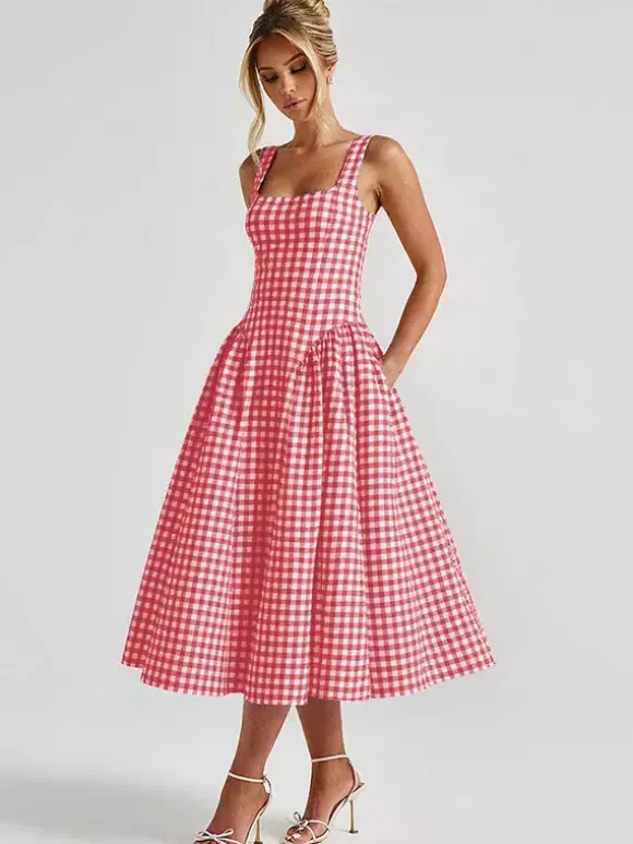 Party Dress Dresses Midi Pink Straps Neck Pleated Plaid Classic Semi Formal Summer Dress