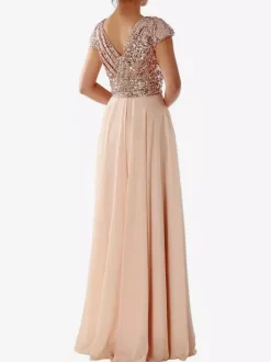 Party Dress Ecru White V-Neck Sequins Short Sleeves Shaping Cap Sleeves Chic Semi Formal Dress