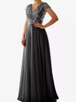 Party Dress Ecru White V-Neck Sequins Short Sleeves Shaping Cap Sleeves Chic Semi Formal Dress