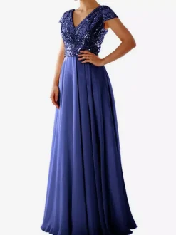 Party Dress Ecru White V-Neck Sequins Short Sleeves Shaping Cap Sleeves Chic Semi Formal Dress
