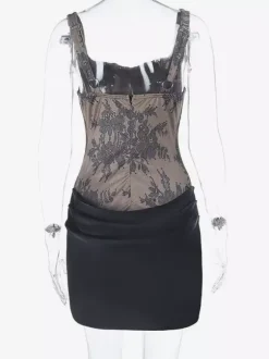 Party Dresses Black Lace Corset Bustier Ruched Satin Skirt Bodycon Night Out Mini Dress
