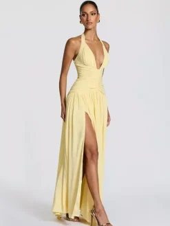 Party Dresses Halter Ruched High Slit Elegant Women Evening Long Maxi Dress
