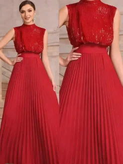 Party Dresses High Neck Sequin Sleeveless Back Bow Pleated Maxi Evening Gown