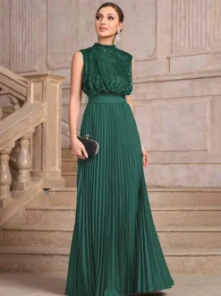 Party Dresses High Neck Sequin Sleeveless Back Bow Pleated Maxi Evening Gown