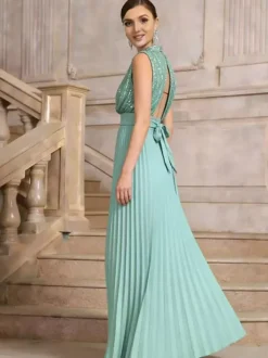 Party Dresses High Neck Sequin Sleeveless Back Bow Pleated Maxi Evening Gown