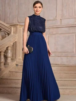 Party Dresses High Neck Sequin Sleeveless Back Bow Pleated Maxi Evening Gown
