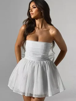 Party Dresses Red Strapless Bows Sleeveless Open Shoulder Semi Formal Dress