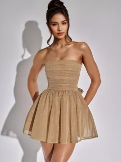 Party Dresses Red Strapless Bows Sleeveless Open Shoulder Semi Formal Dress