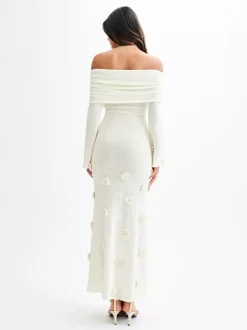 Party Dresses Shaping Flower Flowers Long Sleeves Off-The-Shoulder Casual White Dress