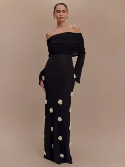 Party Dresses Shaping Flower Flowers Long Sleeves Off-The-Shoulder Casual White Dress