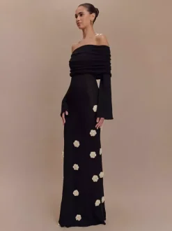 Party Dresses Shaping Flower Flowers Long Sleeves Off-The-Shoulder Casual White Dress