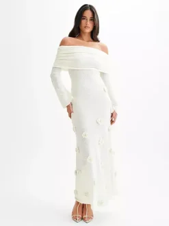 Party Dresses Shaping Flower Flowers Long Sleeves Off-The-Shoulder Casual White Dress