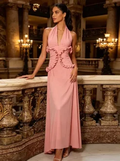 Party Dresses Sleeveless Halter V Neck Ruffle Pleated Flowy Wedding Long Maxi Dress