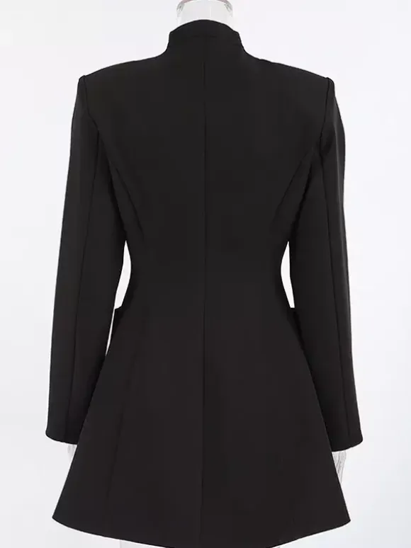 Party Dresses Stand Collar Gold Button Long Sleeve Pocket Office Blazer Dress