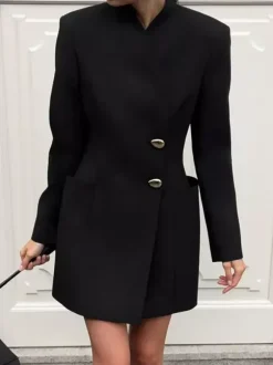 Party Dresses Stand Collar Gold Button Long Sleeve Pocket Office Blazer Dress