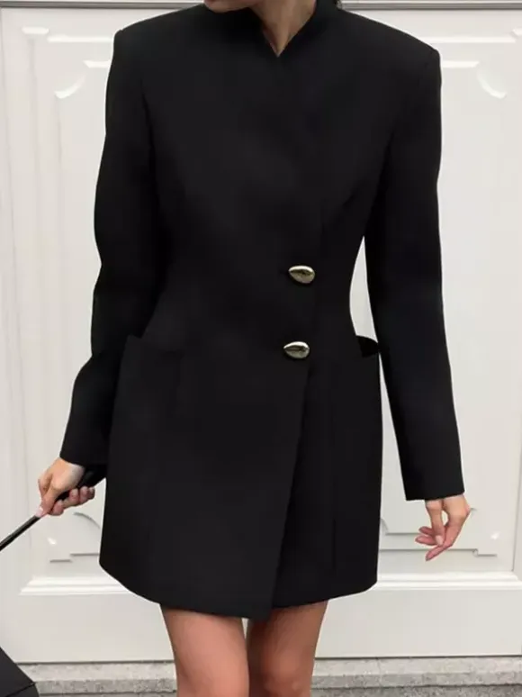 Party Dresses Stand Collar Gold Button Long Sleeve Pocket Office Blazer Dress