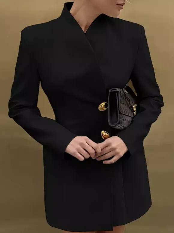 Party Dresses Stand Collar Gold Button Long Sleeve Pocket Office Blazer Dress