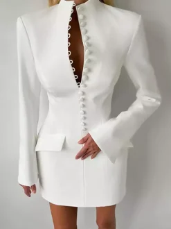 Party Dresses V Neck Button Pocket Slim Fit Elegant Evening Mini Dress