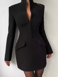Party Dresses V Neck Button Pocket Slim Fit Elegant Evening Mini Dress