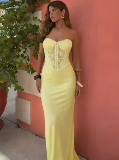 Party Dresses Yellow Strapless Lace Corset Maxi Dress Sweetheart Bustier Bodycon Mermaid Evening Gown