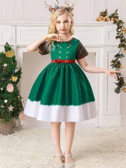 Party Dress For Christmas Dark Green Polyester Fiber Floral Print Christmas Holidays Costumes Dress