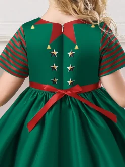 Party Dress For Christmas Dark Green Polyester Fiber Floral Print Christmas Holidays Costumes Dress