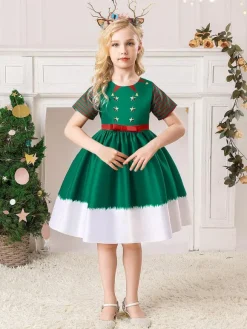 Party Dress For Christmas Dark Green Polyester Fiber Floral Print Christmas Holidays Costumes Dress
