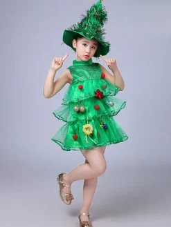 Party Dress For Christmas Green Santa Tree Polyester Fiber Hat Dress Christmas Holidays Costumes Full Set