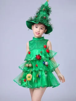 Party Dress For Christmas Green Santa Tree Polyester Fiber Hat Dress Christmas Holidays Costumes Full Set