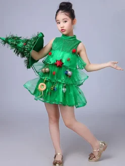 Party Dress For Christmas Green Santa Tree Polyester Fiber Hat Dress Christmas Holidays Costumes Full Set