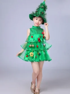 Party Dress For Christmas Green Santa Tree Polyester Fiber Hat Dress Christmas Holidays Costumes Full Set