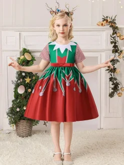Party Dress For Christmas Red Polyester Fiber Polyester Floral Print Christmas Holidays Costumes Dress