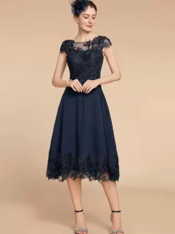 Party Dress For Mother Of The Bride Jewel Neck Cap Sleeves Lace A-Line Tea-Length Wedding Guest Dresses