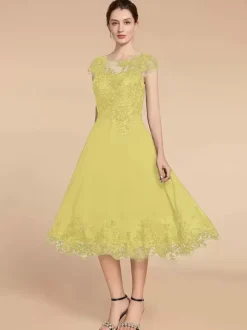 Party Dress For Mother Of The Bride Jewel Neck Cap Sleeves Lace A-Line Tea-Length Wedding Guest Dresses