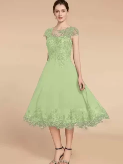 Party Dress For Mother Of The Bride Jewel Neck Cap Sleeves Lace A-Line Tea-Length Wedding Guest Dresses