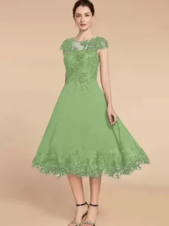 Party Dress For Mother Of The Bride Jewel Neck Cap Sleeves Lace A-Line Tea-Length Wedding Guest Dresses